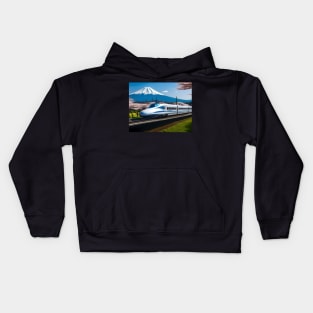 Shinkansen Bullet Train With Mt Fiji Digital Drawing Kids Hoodie